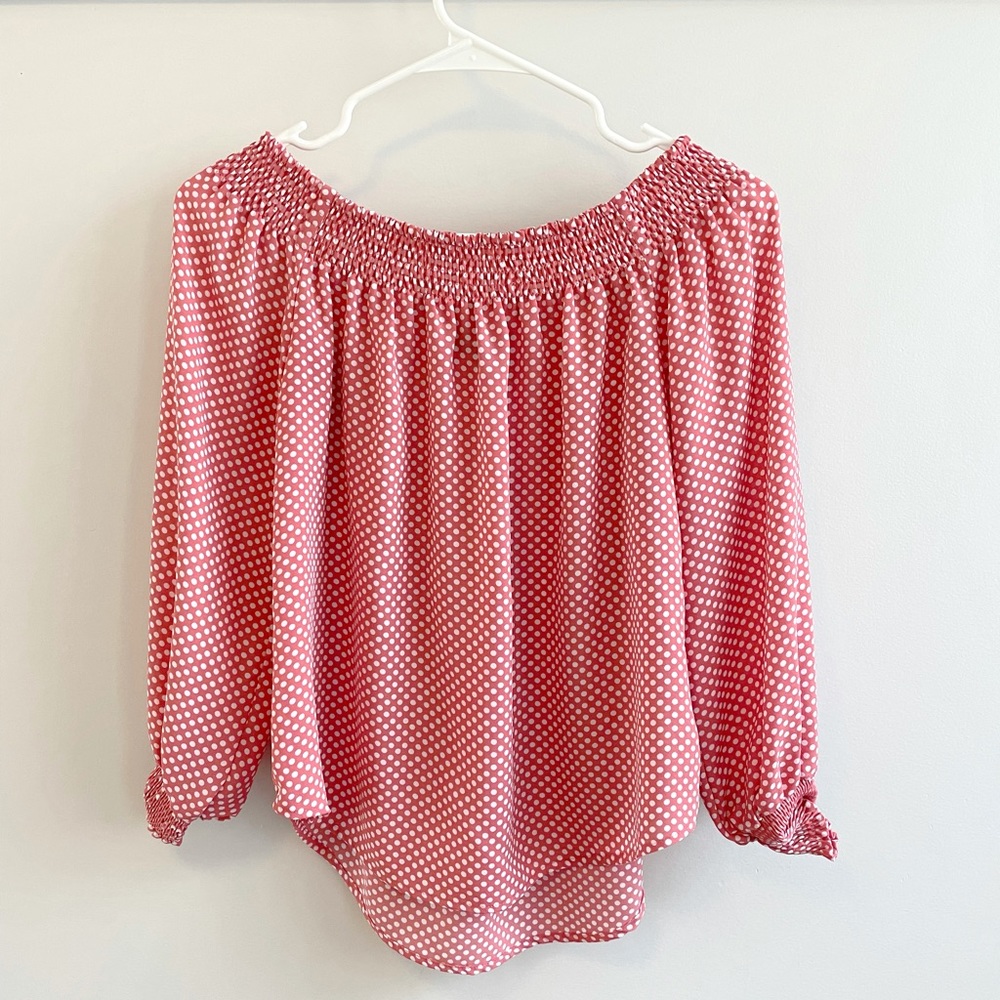 Express Pink and White Polka Dot long sleeve blouse